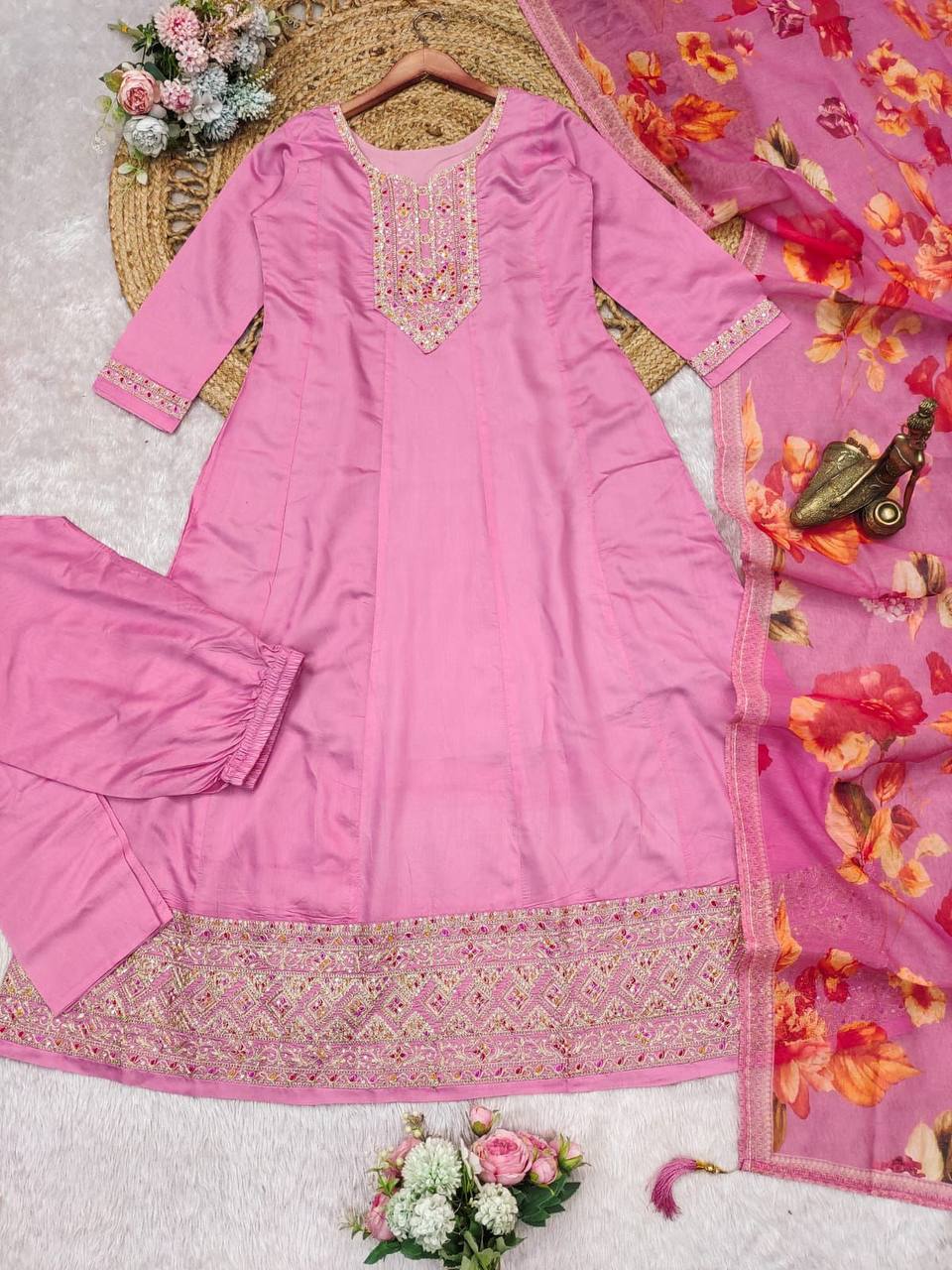 Malishka Women's Pink Roman Silk Embroidered Anarkali Kurta Pant With Dupatta - Distacart