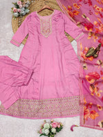Thumbnail for Malishka Women's Pink Roman Silk Embroidered Anarkali Kurta Pant With Dupatta - Distacart