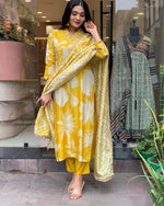 Thumbnail for Malishka Women's Yellow Sheer Floral Straight Kurta Pant With Dupatta - Distacart