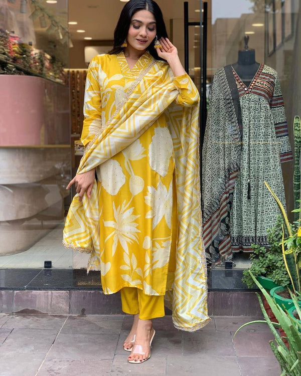 Malishka Women's Yellow Sheer Floral Straight Kurta Pant With Dupatta - Distacart