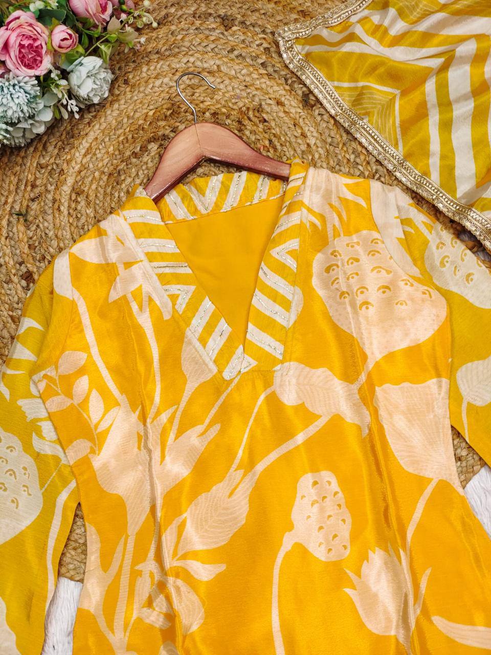 Malishka Women's Yellow Sheer Floral Straight Kurta Pant With Dupatta - Distacart