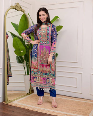 Malishka Women's Blue Chinon Stone Work Straight Kurta Pant With Dupatta - Distacart