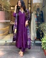 Thumbnail for Malishka Women's Purple Roman Silk Embroidered Straight Kurta Pant With Dupatta - Distacart