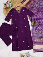 Thumbnail for Malishka Women's Purple Roman Silk Embroidered Straight Kurta Pant With Dupatta - Distacart