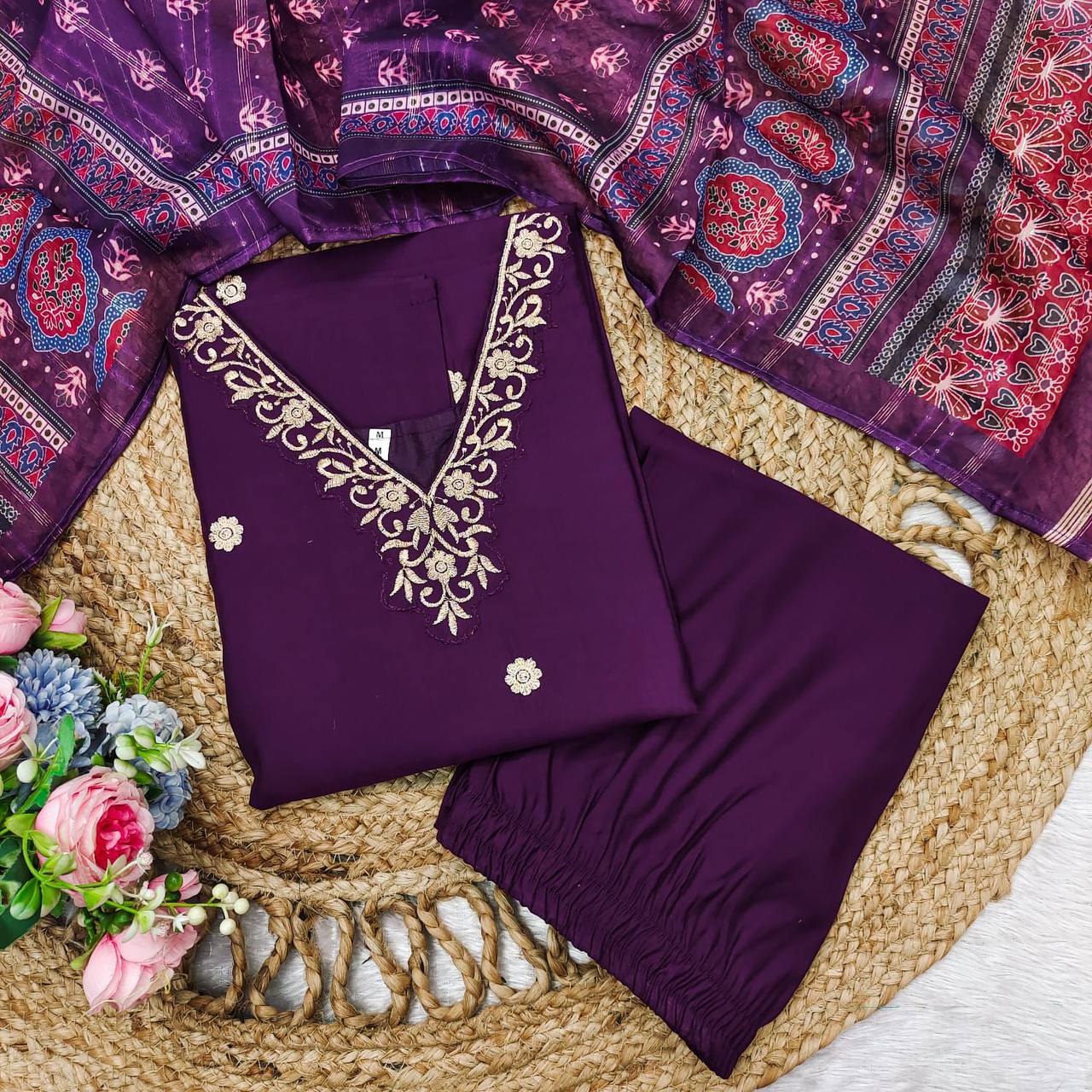 Malishka Women's Purple Roman Silk Embroidered Straight Kurta Pant With Dupatta - Distacart