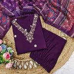 Thumbnail for Malishka Women's Purple Roman Silk Embroidered Straight Kurta Pant With Dupatta - Distacart