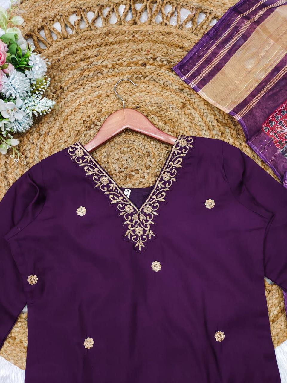 Malishka Women's Purple Roman Silk Embroidered Straight Kurta Pant With Dupatta - Distacart