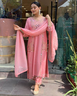 Thumbnail for Malishka Women's Pink Roman Silk Embroidered Straight Kurta Pant With Dupatta - Distacart