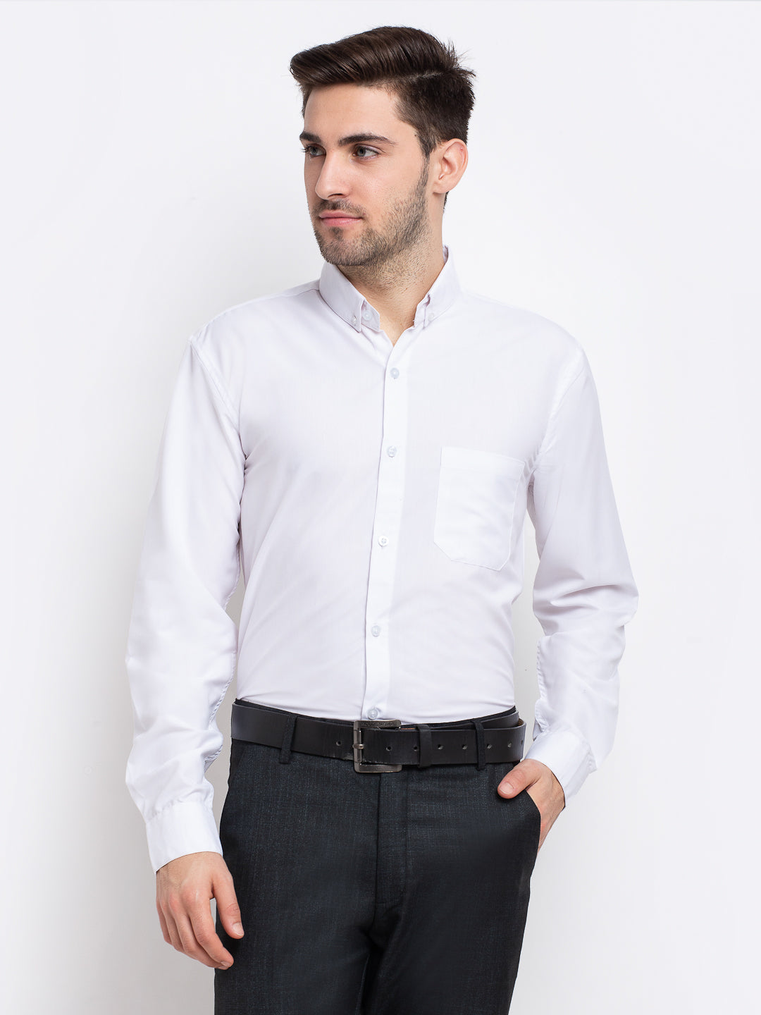 Jainish Men's Button Down Collar Cotton Formal Shirt - White - Distacart