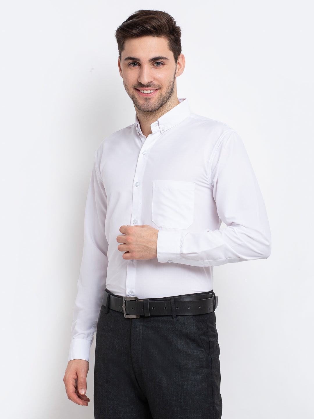 Jainish Men's Button Down Collar Cotton Formal Shirt - White - Distacart