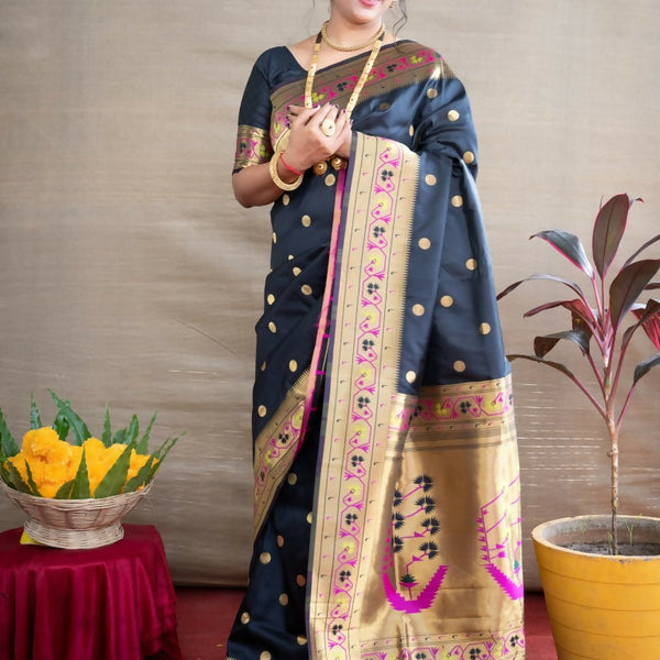 Jyoti Fashion Women's Black Paithani Silk Zari Woven Saree with Blouse - Distacart