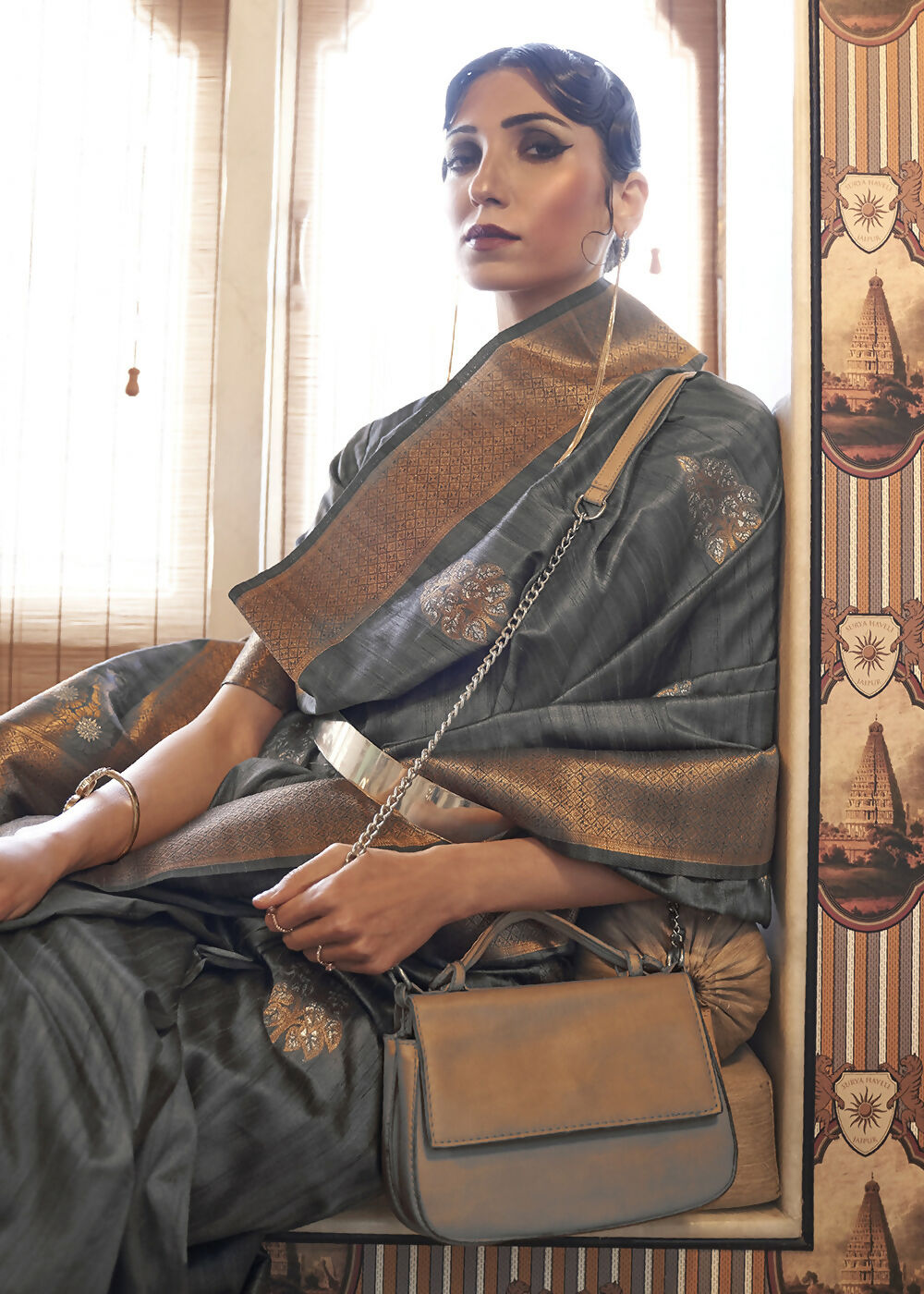 Platinum Grey Tussar Banarasi Silk Designer Saree - Emponline - Distacart