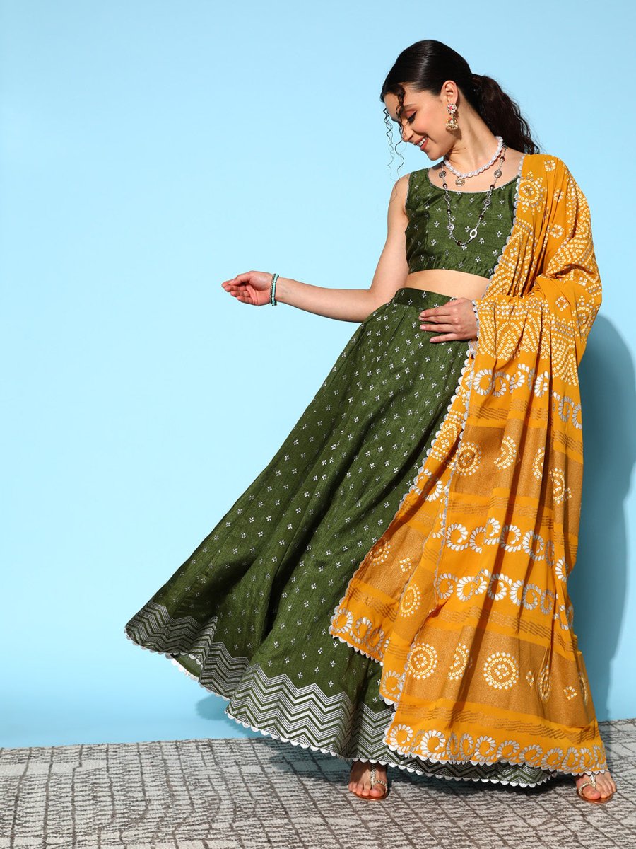 Ahalyaa Olive Green & Silver-Toned Printed Ready to Wear Lehenga & Blouse With Dupatta - Distacart