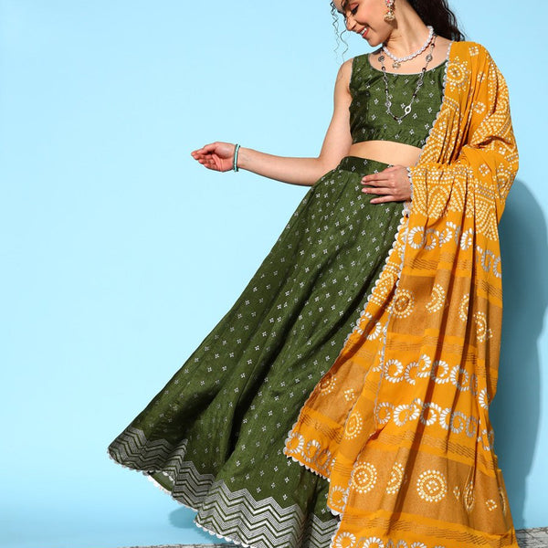 Ahalyaa Olive Green & Silver-Toned Printed Ready to Wear Lehenga & Blouse With Dupatta - Distacart