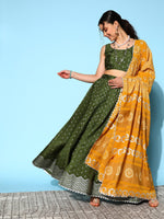 Thumbnail for Ahalyaa Olive Green & Silver-Toned Printed Ready to Wear Lehenga & Blouse With Dupatta - Distacart