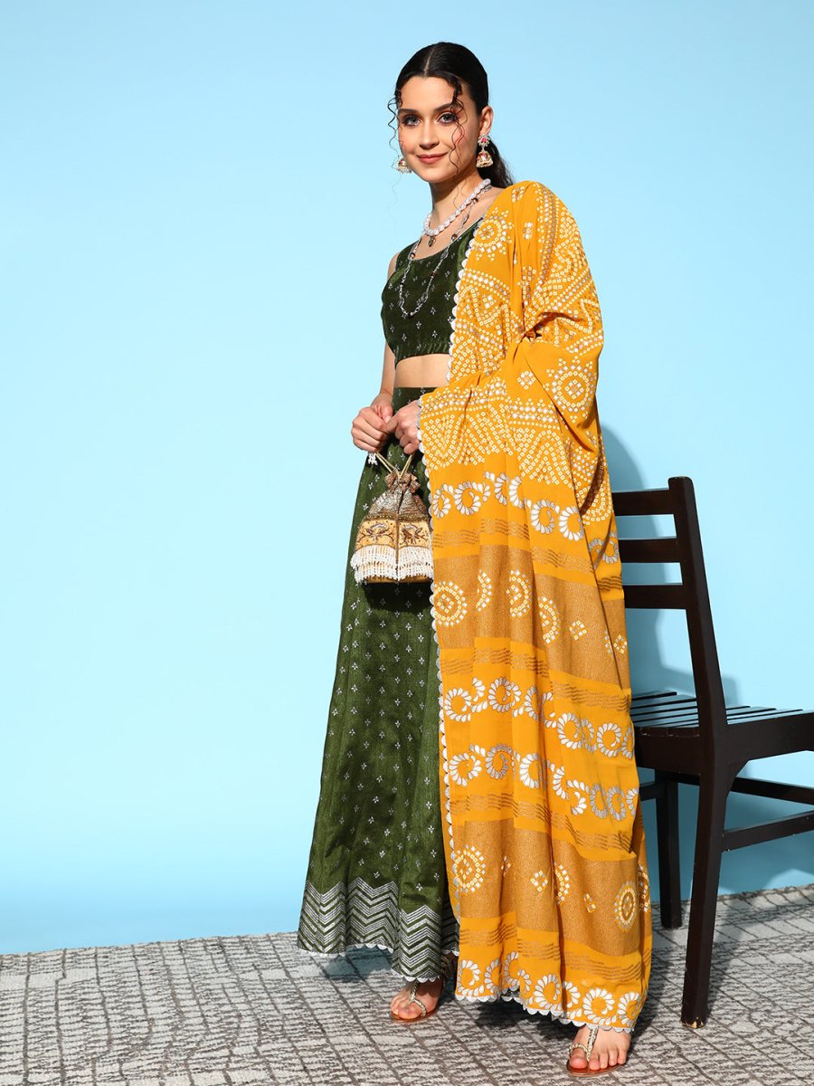 Ahalyaa Olive Green & Silver-Toned Printed Ready to Wear Lehenga & Blouse With Dupatta - Distacart