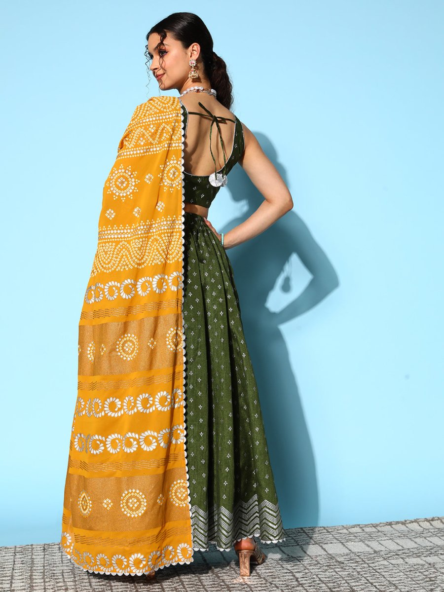 Ahalyaa Olive Green & Silver-Toned Printed Ready to Wear Lehenga & Blouse With Dupatta - Distacart