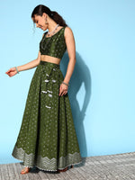 Thumbnail for Ahalyaa Olive Green & Silver-Toned Printed Ready to Wear Lehenga & Blouse With Dupatta - Distacart