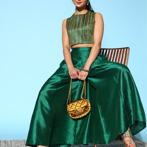 Ahalyaa Women Green & Gold-Toned Printed Co-ords - Distacart