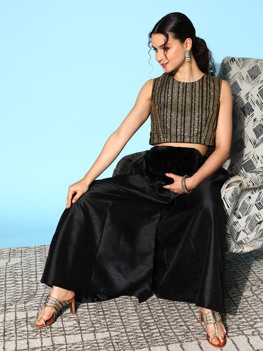 Ahalyaa Women Black & Gold-Toned Printed Co-ords - Distacart