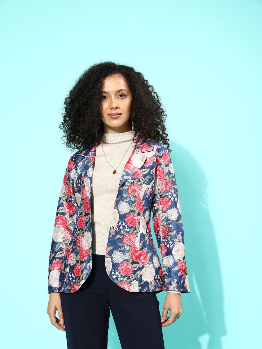 Ahalyaa Blue & Pink Floral Print Open Front Blazer - Distacart