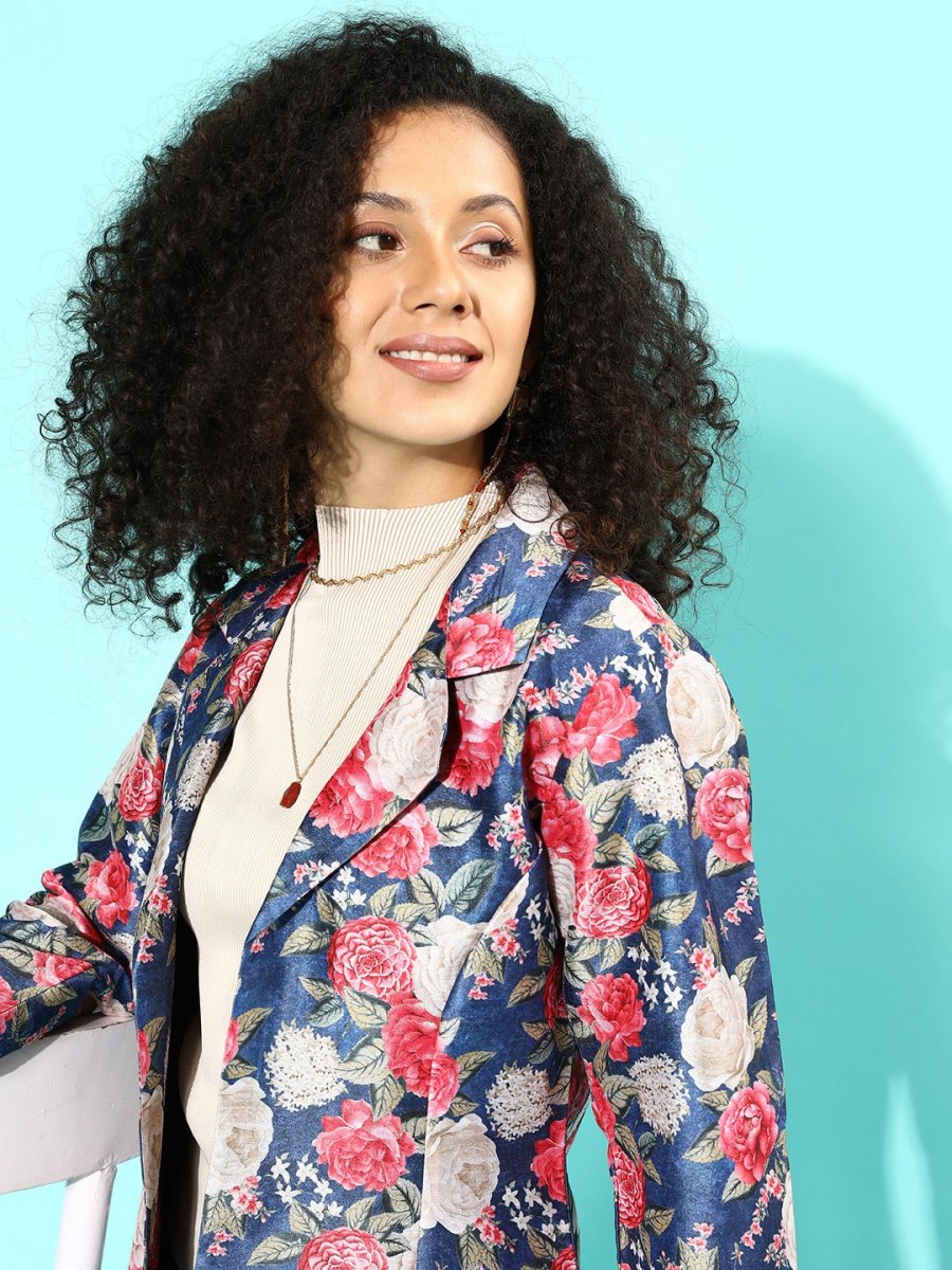 Ahalyaa Blue & Pink Floral Print Open Front Blazer - Distacart