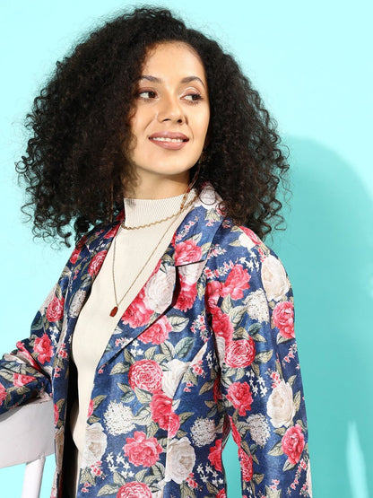 Ahalyaa Blue & Pink Floral Print Open Front Blazer - Distacart