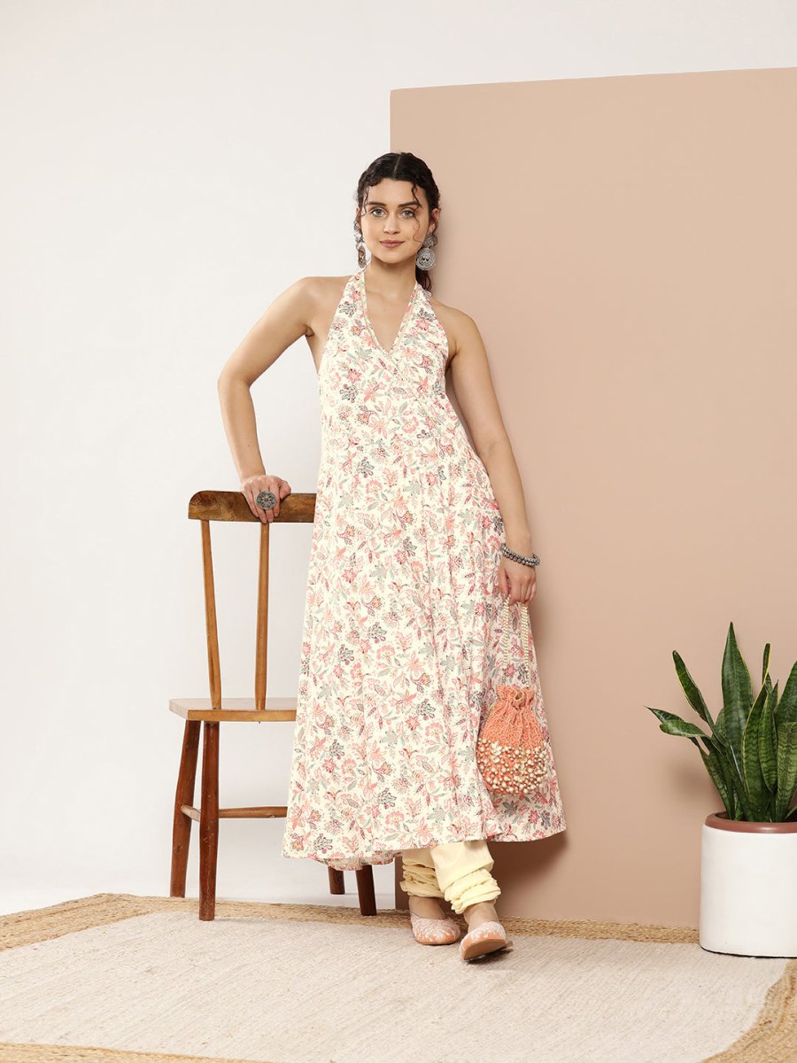 Ahalyaa Women Pink Floral Printed Empire Gotta Patti Kurta with Churidar - Distacart