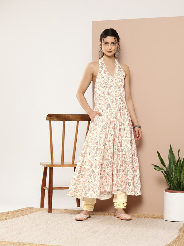 Ahalyaa Women Pink Floral Printed Empire Gotta Patti Kurta with Churidar - Distacart