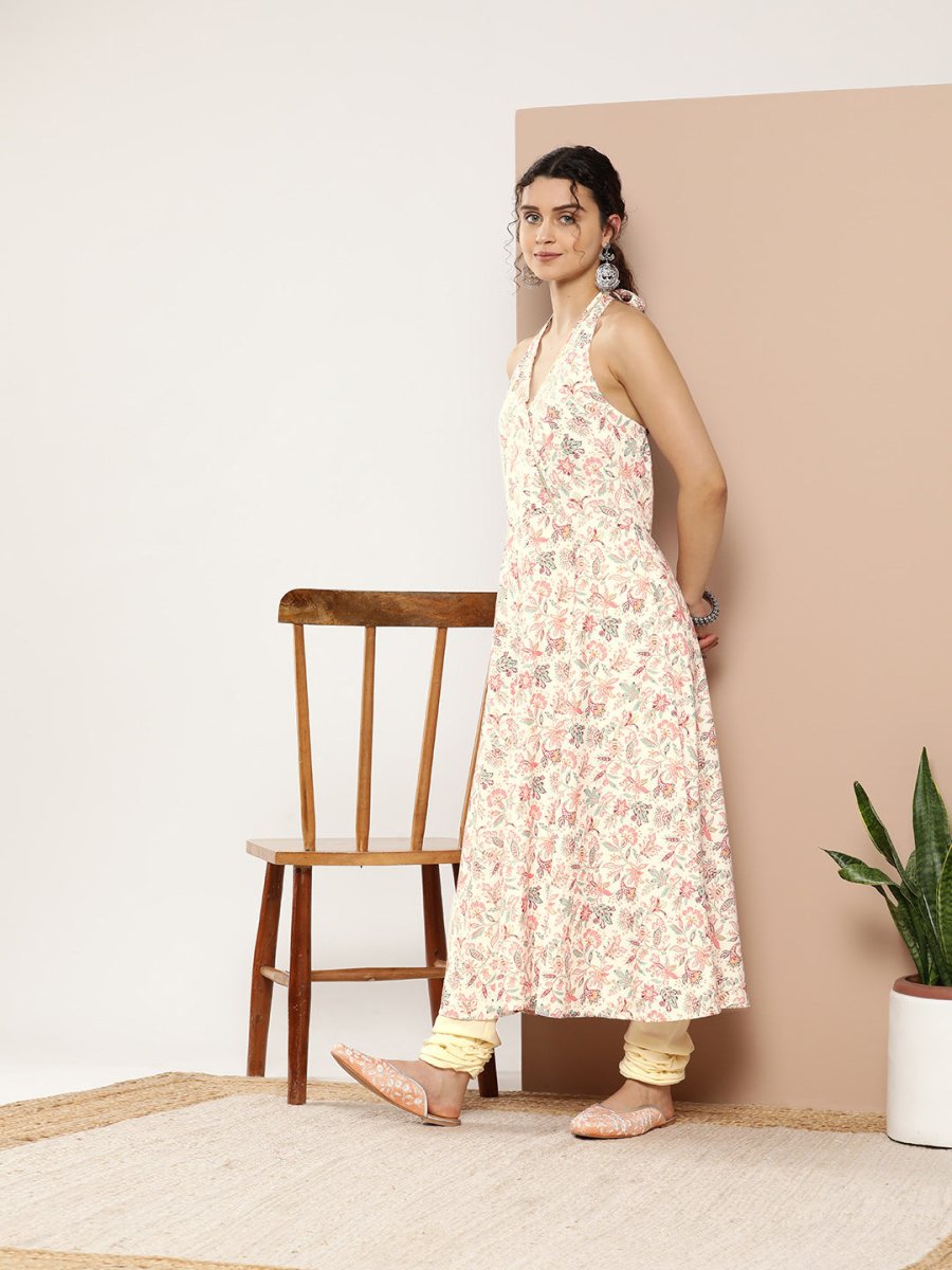 Ahalyaa Women Pink Floral Printed Empire Gotta Patti Kurta with Churidar - Distacart