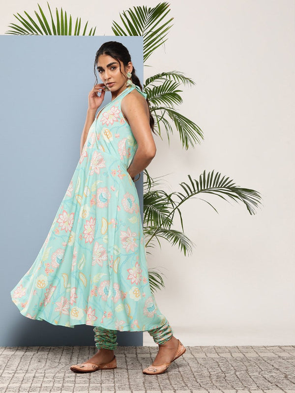 Ahalyaa Women Blue Floral Printed Gotta Patti Kurta with Churidar - Distacart