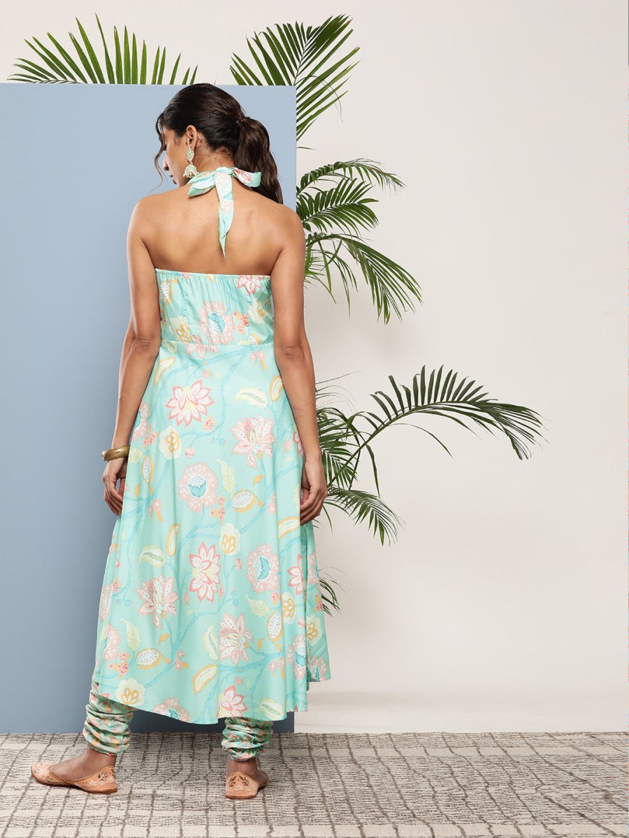 Ahalyaa Women Blue Floral Printed Gotta Patti Kurta with Churidar - Distacart