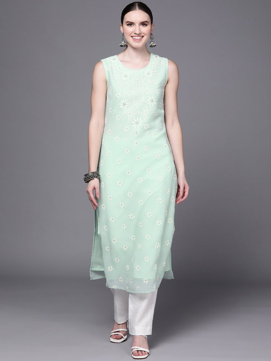 Ahalyaa Women Sea Green Floral Printed Georgette Kurta - Distacart