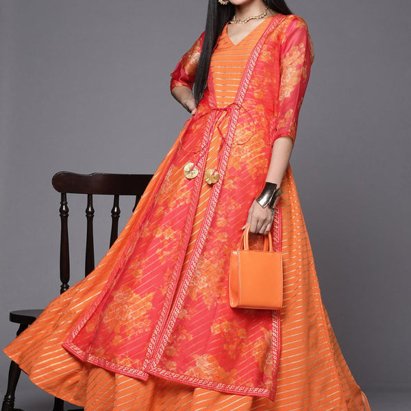 Ahalyaa Orange Striped Ethnic Maxi Dress - Distacart