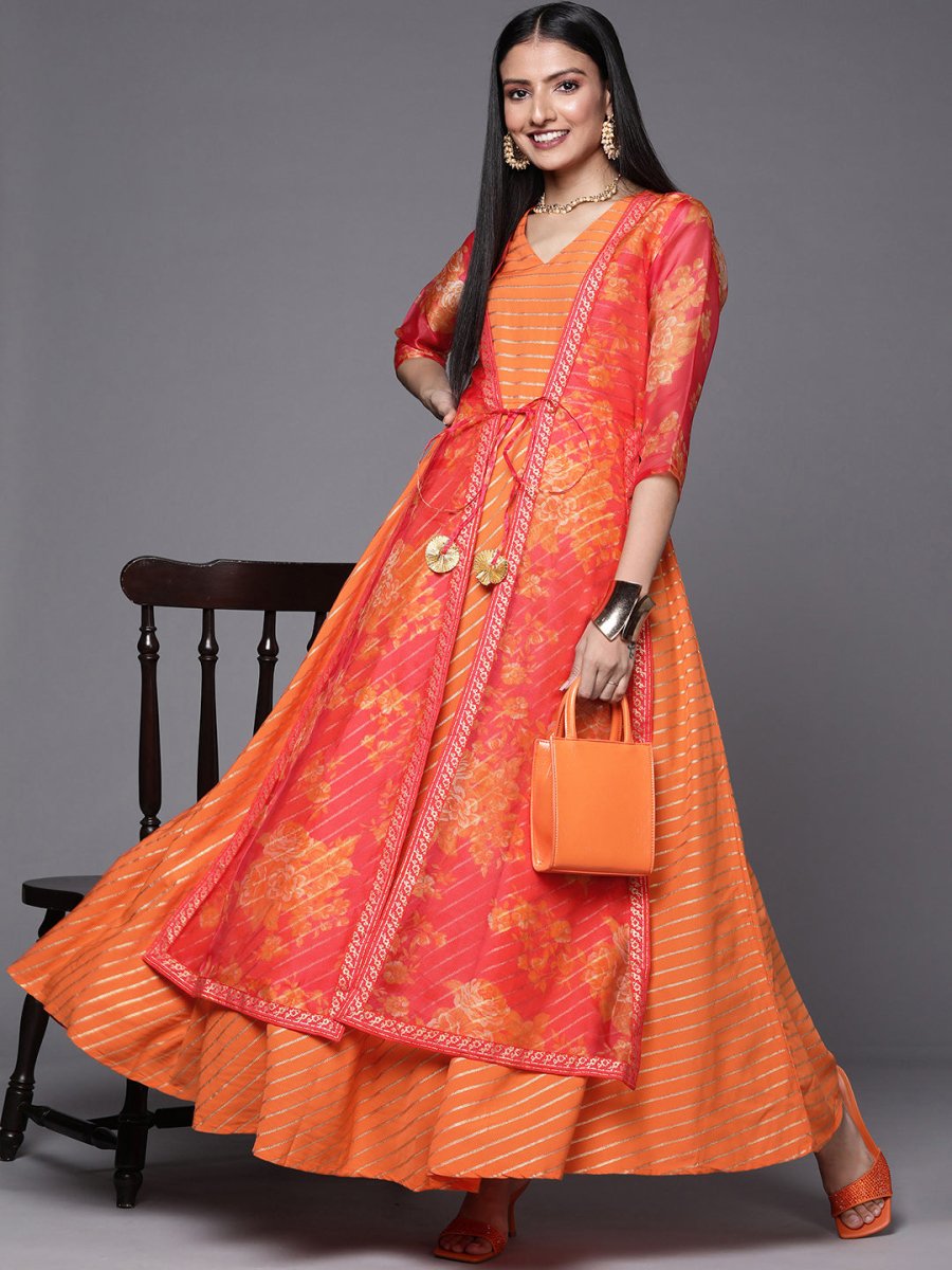 Ahalyaa Orange Striped Ethnic Maxi Dress - Distacart