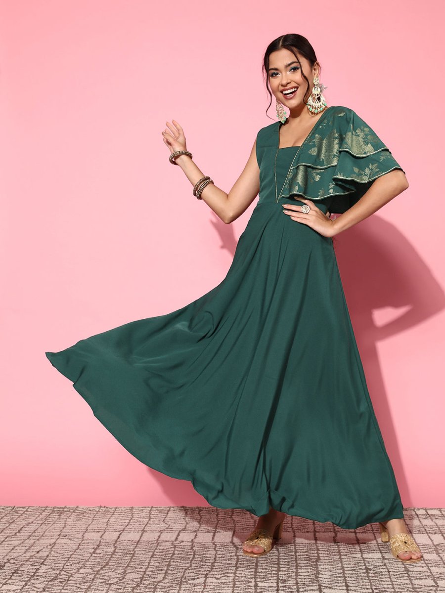 Ahalyaa Gorgeous Green Ethnic Motifs Ruffled Dress - Distacart