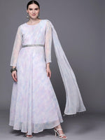 Thumbnail for Ahalyaa Women Blue & White Floral Fit & Flare Maxi Ethnic Dress - Distacart