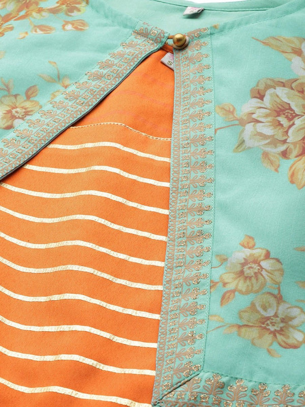Ahalyaa Orange & Sea Green Striped Maxi Dress with Ethnic Jacket