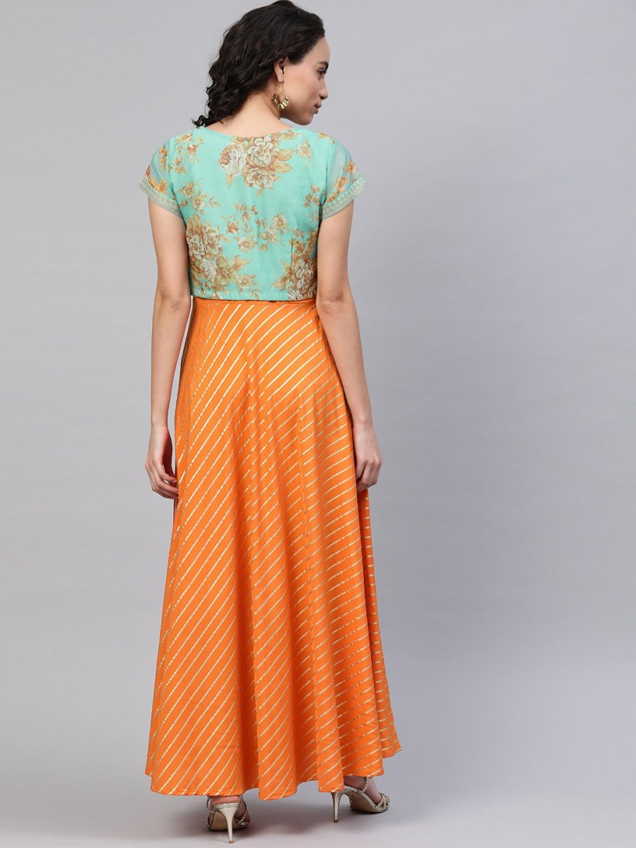 Ahalyaa Orange & Sea Green Striped Maxi Dress with Ethnic Jacket
