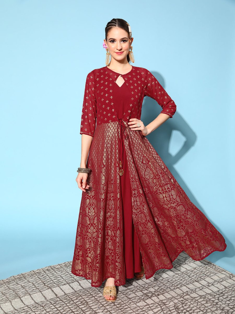 Ahalyaa Women Beautiful Maroon Crepe Brocade Ethnic Dress - Distacart