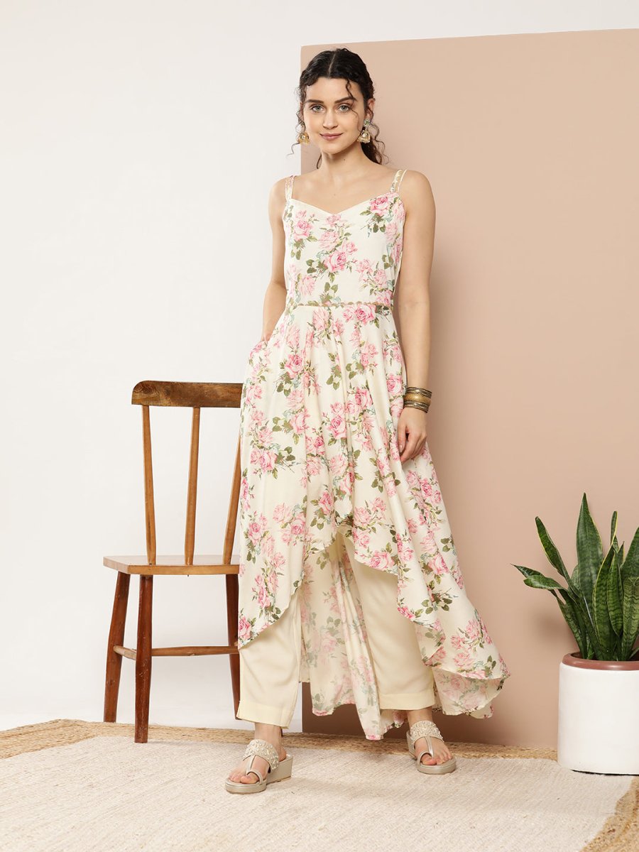Ahalyaa Women Floral Printed Empire Gotta Patti Kurta With Trousers - Distacart