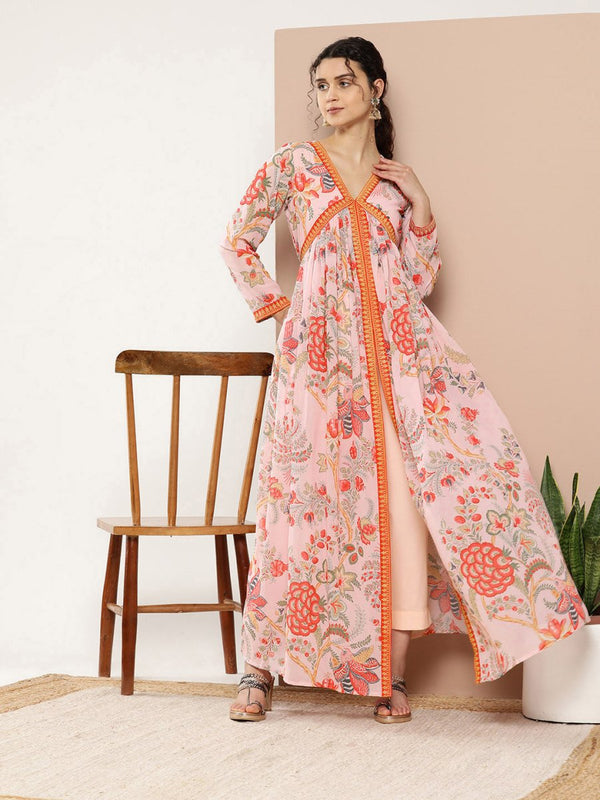 Ahalyaa Women Pink Floral Printed High Slit Kurta with Trousers - Distacart