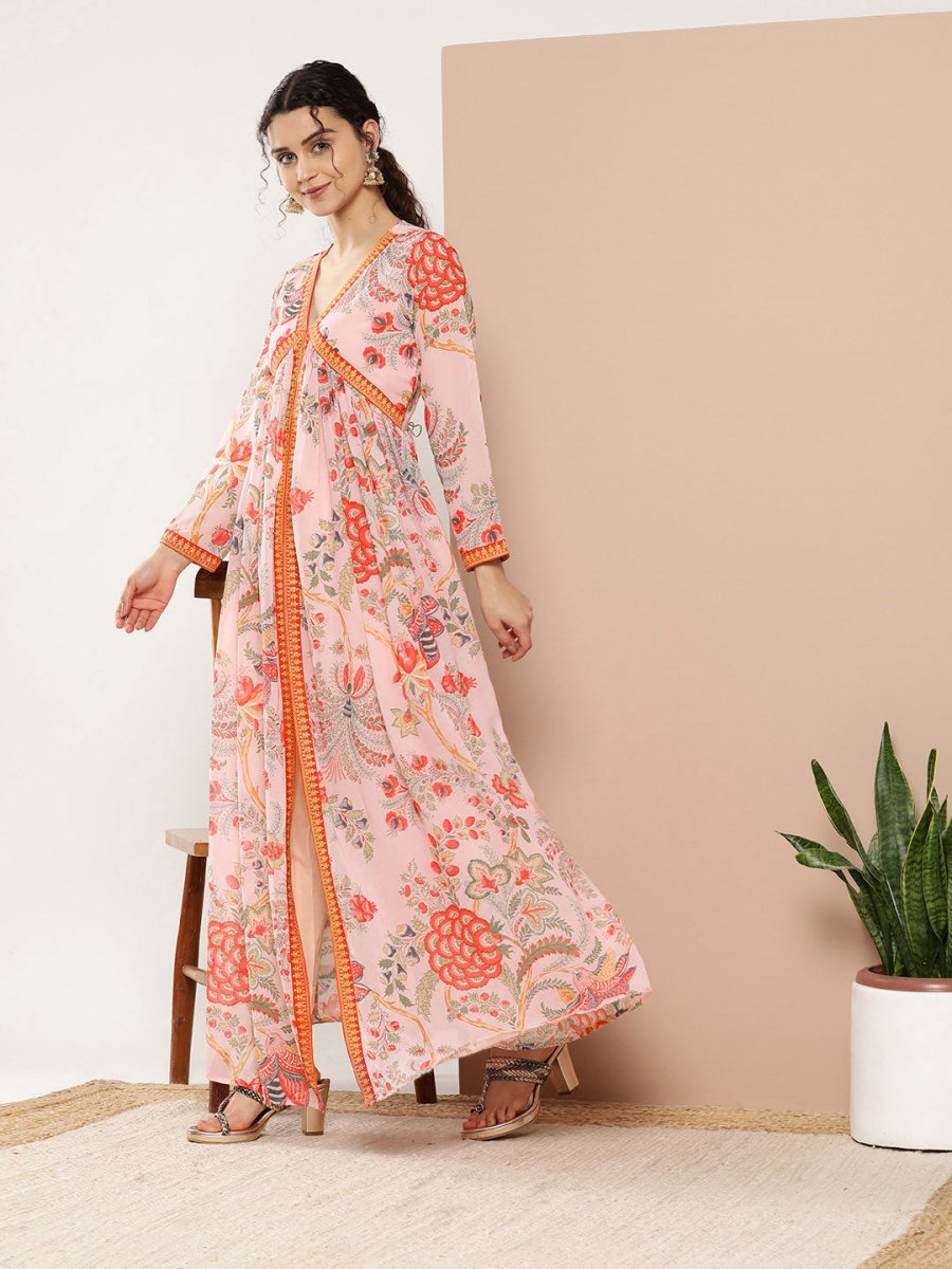 Ahalyaa Women Pink Floral Printed High Slit Kurta with Trousers - Distacart
