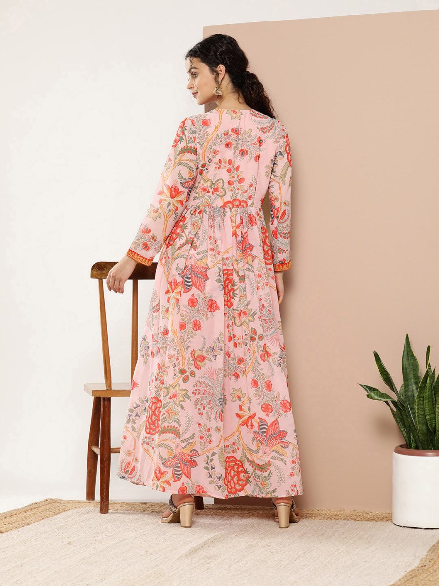 Ahalyaa Women Pink Floral Printed High Slit Kurta with Trousers - Distacart