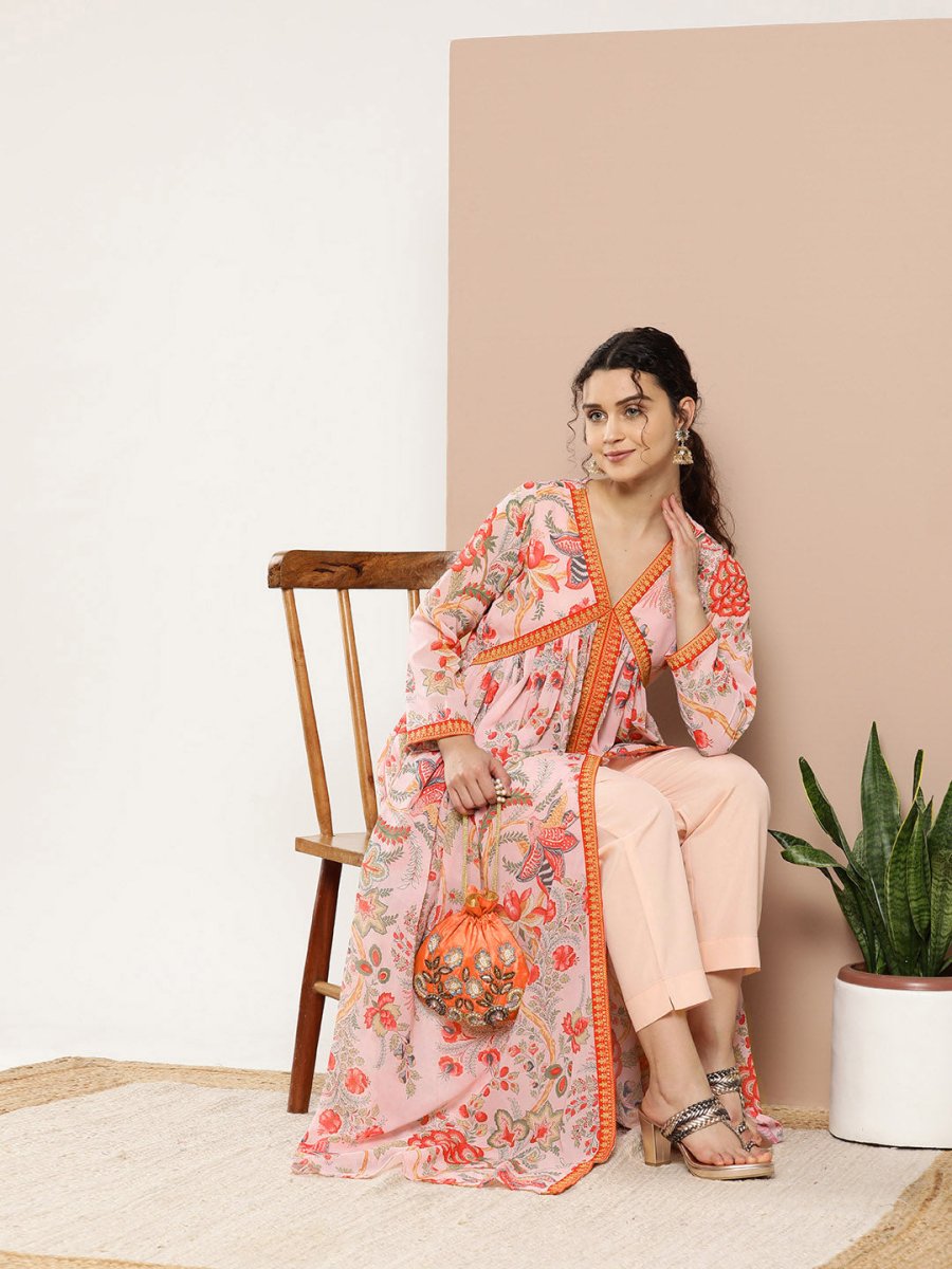 Ahalyaa Women Pink Floral Printed High Slit Kurta with Trousers - Distacart