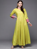 Thumbnail for Ahalyaa Women Lime Yellow & Pink Printed Pleated A-Line Maxi Velvet Ethnic Dress - Distacart