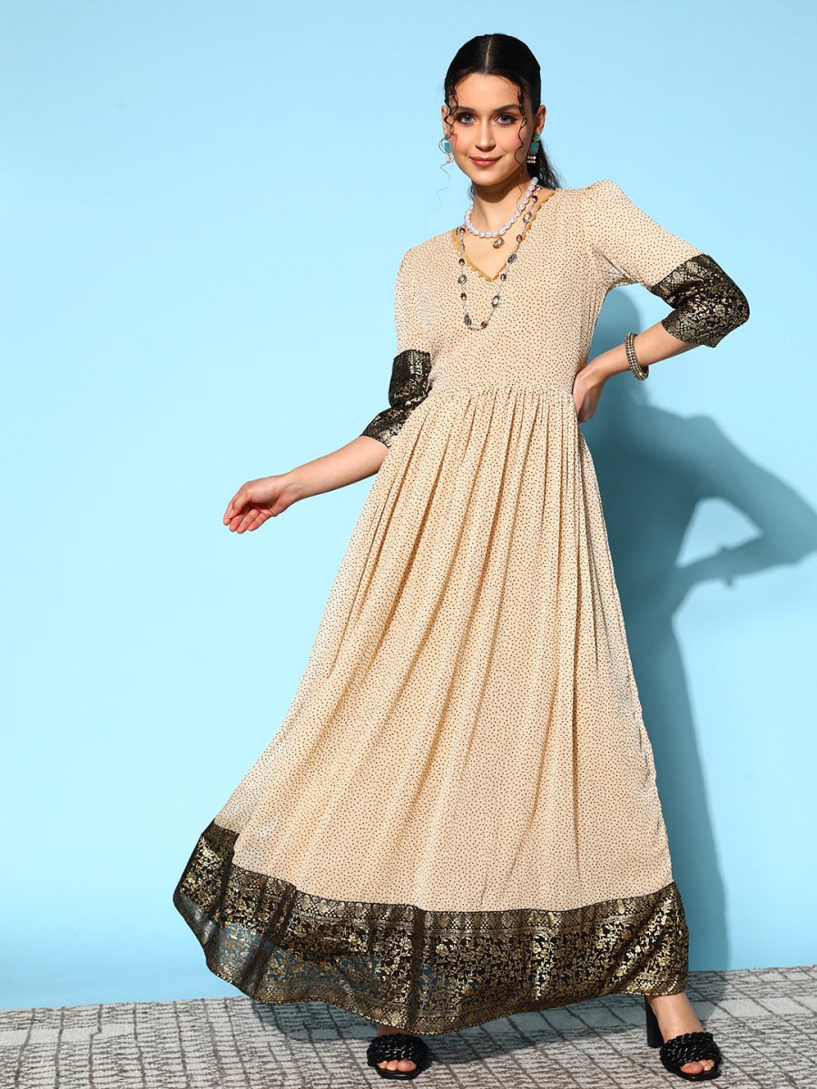 Ahalyaa Women Cream-coloured & Bronze Printed Gotta Patti Chiffon Ethnic Dress - Distacart