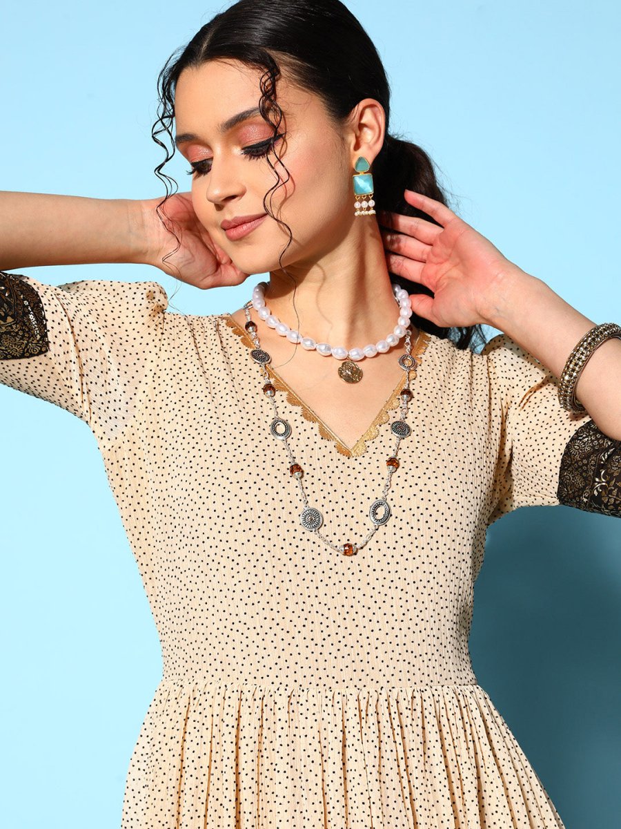 Ahalyaa Women Cream-coloured & Bronze Printed Gotta Patti Chiffon Ethnic Dress - Distacart