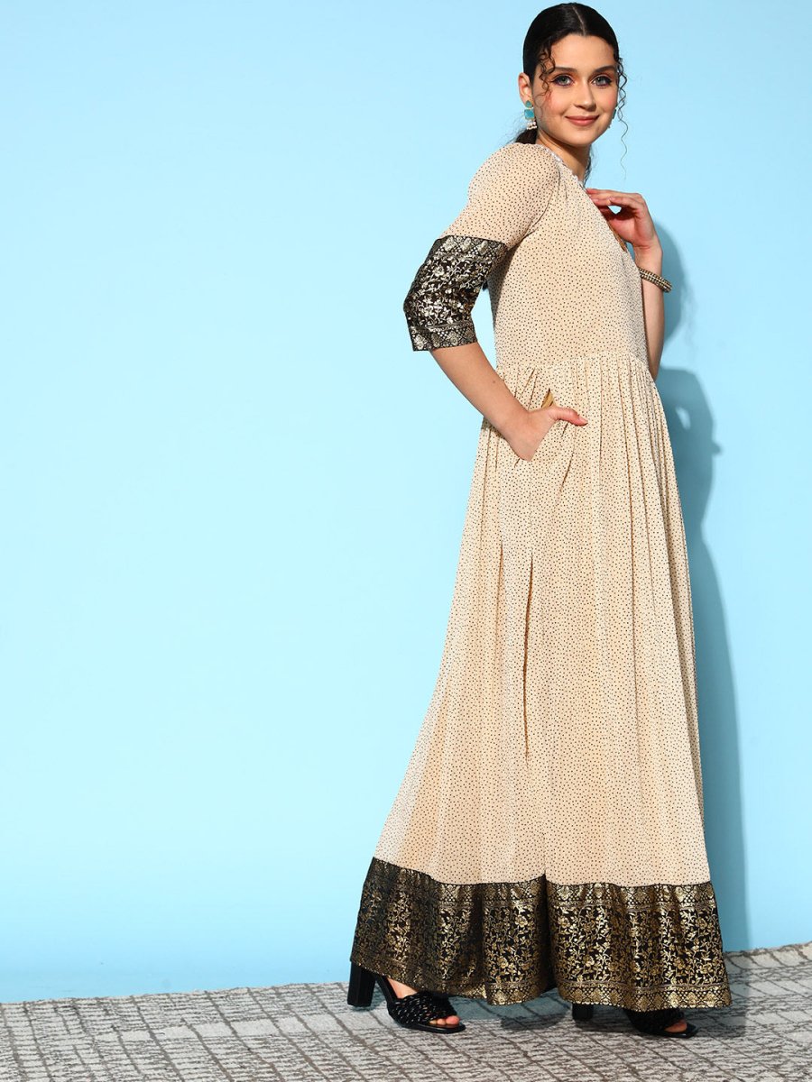 Ahalyaa Women Cream-coloured & Bronze Printed Gotta Patti Chiffon Ethnic Dress - Distacart