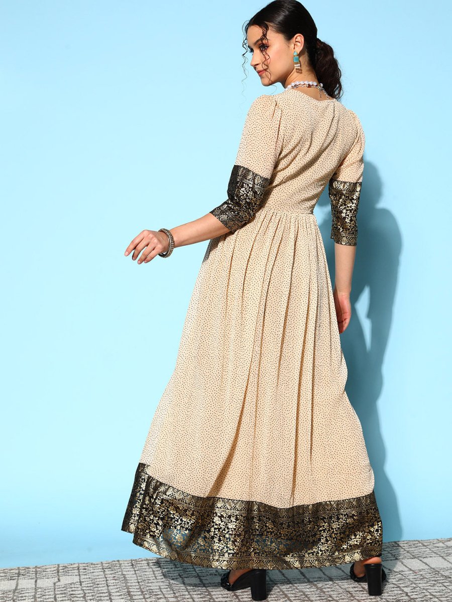Ahalyaa Women Cream-coloured & Bronze Printed Gotta Patti Chiffon Ethnic Dress - Distacart